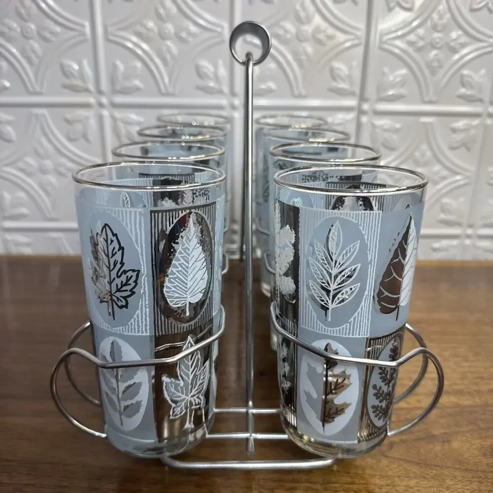 Set of 8 Vintage Libbey Highball Glass Tumblers w/ Metal Caddy Aqua Silver Leaf